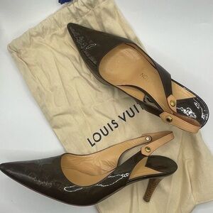 Louis Vuitton | Brown Patent Leather Pointed
Toe Slingback Sandals Heals | EU36‍